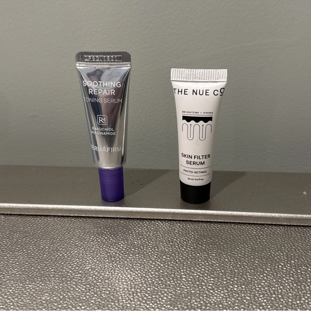 the nue co and dermafirm travel size serums with seals